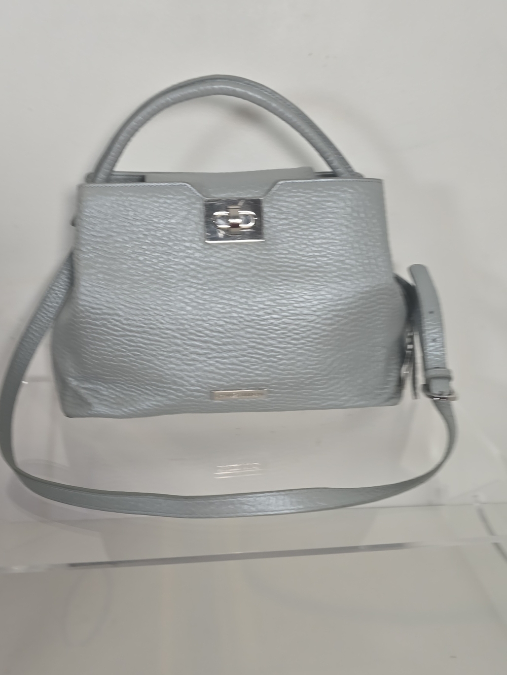 CHARLES JOURDAN pebbled Light Gray Structured Leather Satchel Bag